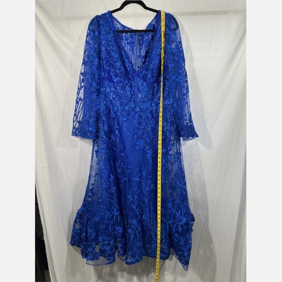 NWT $798 Mac Duggal [ 16 ] V Neck Mesh Puff Sleeve A Line Embellished Dress Blue - Picture 6 of 16
